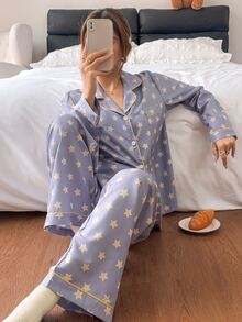 Napfluff Bubble Crinkle Star Print Lapel Long Sleeve Long Pants Pajama Set - Purple - View 5