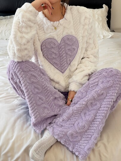 Napfluff Embroidered Heart Jacquard Long Plush Casual Women's Pajama Set