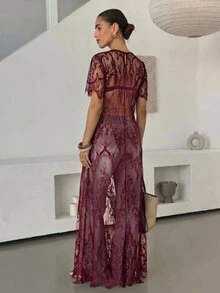 Lavishia 女款圓領短袖透視蕾絲洋裝，蕾絲刺繡透視拍照套裝，黑色花卉，日常優雅派對夜店女裝 - 酒紅色 - 查看 2