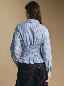 Poéselle 女款秋冬新款棉混紡藍白條紋抓皺腰上衣，休閒街頭、通勤辦公、校園風上衣 - 藍色 - 查看 2