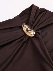 Sweetra New Autumn/Winter Fashion Elegant Sexy Cold Shoulder Long Sleeve Slim Fit Flattering Y2K Design Decor Metal Buckle Minimalist Daily Date Commute Versatile Jumpsuit - Coffee Brown - View 6