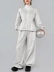 DAZY Women's Solid Color Zip-Up Long Sleeve Sweatshirt And Wide Leg Pants Sports Set - Light Grey - View 1