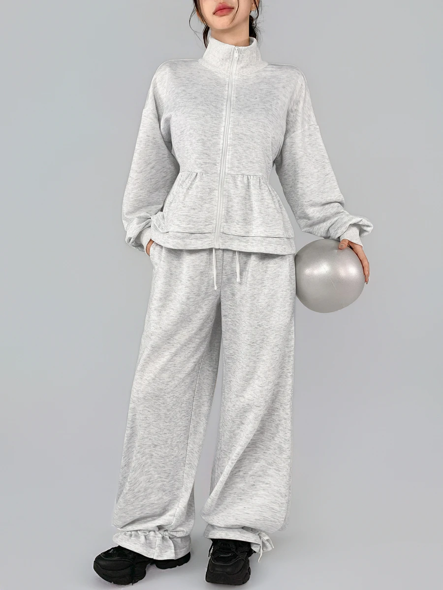 DAZY Women's Solid Color Zip-Up Long Sleeve Sweatshirt And Wide Leg Pants Sports Set - Light Grey - View 1