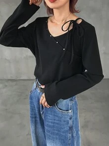 FRIFUL Women's Solid Color Casual Versatile Daily Long Sleeve T-Shirt - Grey - View 2