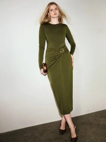 Aveloria Modichic European And American Fashion Versatile Elastic Waist Metal Decor Round Neck Long Sleeve Long Dress - Green - View 3