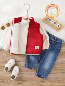 SHEIN 男嬰冬季抓絨背心高領秋季衛衣牛仔褲套裝 - 彩色 - 查看 7