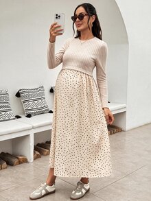SHEIN 孕婦綠色長袖圓領休閒百搭洋裝，秋季女裝穿搭 - 杏色 - 查看 5