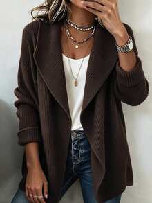 SHEIN Waterfall Collar Drop Shoulder Cardigan - Chocolate Brown - View 6