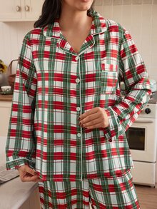 Doze Lane Minimalist Classic Red & Green Plaid Button-Down Plus Size Pajama Set, Casual Comfortable Lapel Loungewear - Multicolor - View 3