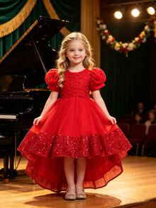 SHEIN Glamorique Kids 公主風女孩蓬蓬紗裙 兒童生日表演正式禮服 新生兒短袖婚禮花童裙 - 紅色 - 查看 2