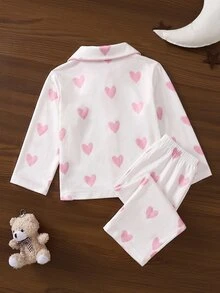 SHEIN Baby Girl Valentine's Day Heart Print Lapel Contrast Trim Button-Front Loose Long Sleeve Top & Straight Soft Thick Brushed Fleece Pants Set, Suitable For Winter - Pink - View 2
