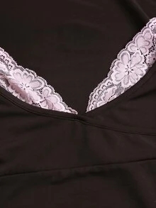 Sweetra 女款蕾絲飾邊V領長袖純色T恤與喇叭褲，秋季套裝，2件組 - 棕色 - 查看 6