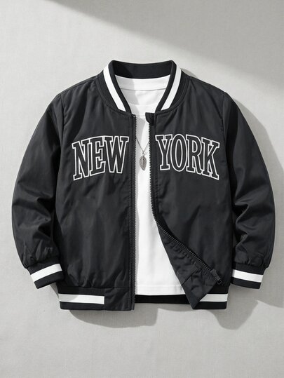 SHEIN Black Zipper Baseball Jacket, Ribbed Contrast Striped Collar, NEW YORK Letter Print, Woven Thin Fabric, Spring/Autumn, Toddler