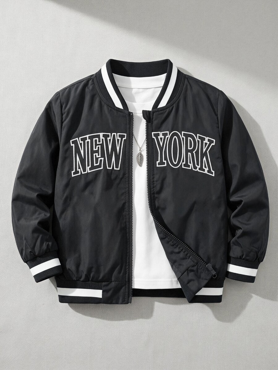SHEIN 黑色拉鍊棒球夾克,羅紋對比條紋領,NEW YORK 字母印花,梭織薄款面料,春秋款,幼兒 - 黑色 - 查看 1