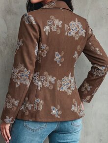 Linhara CURVE Plus Size Women's Floral Print Casual Commute Blazer - Brown - View 2