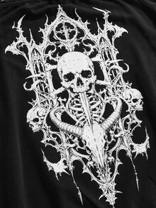 ROMWE Plus Size Dark Gothic Forest Crow & Withered Tree Pattern Off-Shoulder Contrast Lace Black Gothic Vine Loose Sweatshirt - Black - View 2