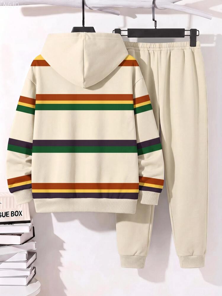 Tween Boy Casual Minimalist Long Sleeve Hooded Comfortable Sweatshirt 2 Pieces Set, Suitable For Autumn/Winter, Classic Retro Striped Pattern Print, Classic Text Pattern Print BRAVE - Multicolor - View 4