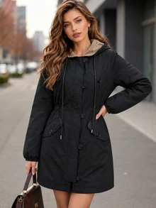 Editum Women's Solid Color Thermal Lined Casual Versatile Winter Padded Coat - Black - View 4