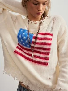 Bohemela Suéter de mujer de moda con efecto desgastado y jacquard para vacaciones y días festivos - Beis - Ver 3