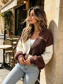 Velvienne Plus Size Fashion Vintage Colorblock Long Sleeve Knit Cardigan - Multicolor - View 5