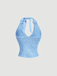 SHEIN MOD 女款時尚對比蕾絲掛脖上衣 2件套 - 藍色 - 查看 7