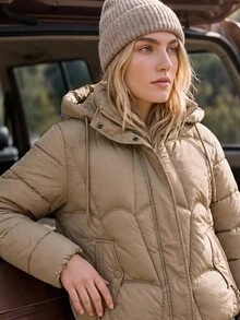 WanderVale Winter Khaki Detachable Hood Drawstring Pocket Decor Long Sleeve Padded Coat - Khaki - View 5