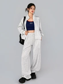 DAZY Women's Solid Color Zip-Up Long Sleeve Sweatshirt And Wide Leg Pants Sports Set - Light Grey - View 2