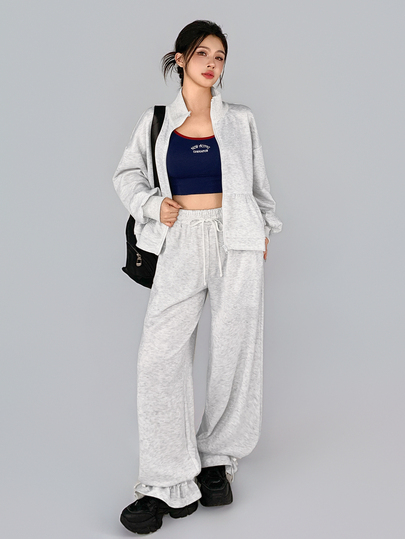DAZY Women's Solid Color Zip-Up Long Sleeve Sweatshirt And Wide Leg Pants Sports Set