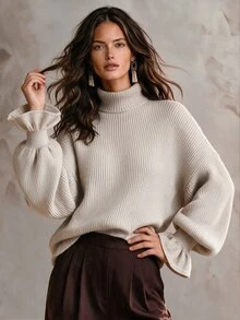 Solivie Women's Autumn/Winter High Neck Long Sleeve Sweater Top, Apricot Color - Apricot - View 1
