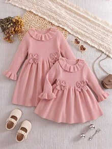 SHEIN Baby Girl Bowknot Decor Casual Daily Summer Knit Dress - Pink - View 3