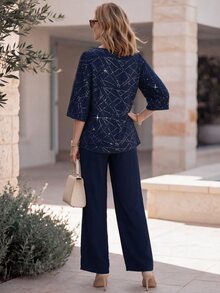 EMERY ROSE Middle-Aged Women Rhinestone V-Neck 3/4 Sleeve Blouse And Long Pants Elegant Set - Multicolor - View 2