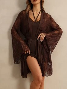 HautHeat Set Pakaian Tidur Seksi Wanita: Jubah Lengan Panjang Berenda dan Gaun Tidur Leher Halter - Coffee Brown - View 8