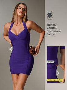 Nuvra Women's Purple Halter V-Neck Bandage Bodycon Mini Dress - Purple - View 3