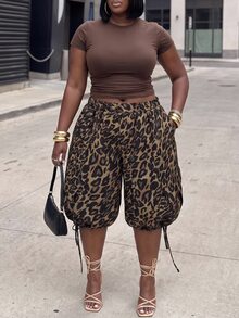 Slaydiva Plus Size Women Leopard Print Pocket Tie Design Casual Capris - Brown - View 5
