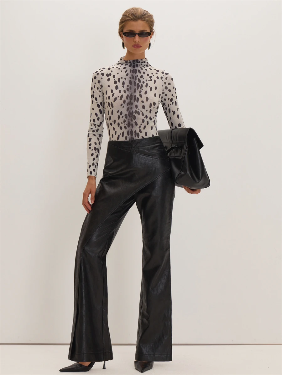 MUSEYN Black PU Overlay Pants Versatile Everyday Date Night Chic New Season Fall - Black - View 1