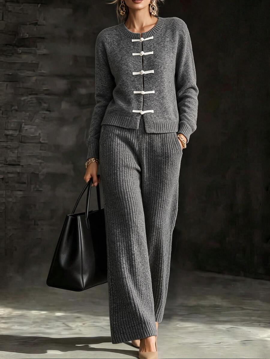 LUMIGAL Women's 2 Pieces Set: Round Neck New Chinese Style White Cardigan With Frog Buttons, Long Sleeves, Ribbed Cuffs, Vertical Ribbed Knit, And High-Waist Elastic Wide-Leg Pants - Grey - View 1