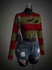 SHEIN ICON Fall Women's Autumn Halloween Red And Black Goth Devil Girl Fashion Colorblock Striped Distressed Sweater - Multicolor - View 1