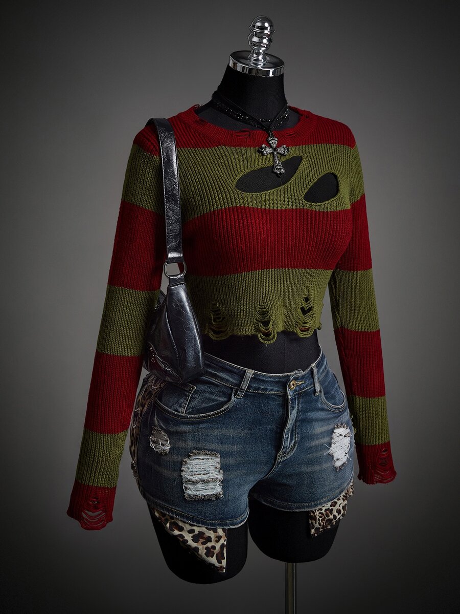 SHEIN ICON Fall Women's Autumn Halloween Red And Black Goth Devil Girl Fashion Colorblock Striped Distressed Sweater - Multicolor - View 1