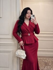 Vibekara Burgundy Suit Collar 2 Pieces Set, Party Dress With Cinched Waist Ruffle Top And Mermaid Skirt, Elegant Outfit - Burgundy - View 5