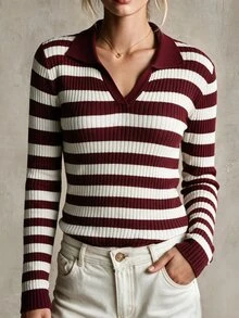 SHEIN Unity Women's Striped Collared Long Sleeve Casual Versatile Sweater - Burgundy - View 1