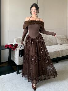 Feyla New Design Off-Shoulder Luxury Heavy Beaded Fur Collar Patchwork Elegant Evening Dress - Brown - View 4