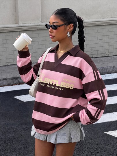 Muchica Plus Size Women's College Style Striped Slogan Letter Print Polo Collar Long Sleeve Loose Sweatshirt, Thick Material, Suitable For Autumn/Winter, Back To School, Teacher's Day