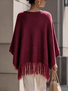 SHEIN 女款素色流蘇設計休閒日常穿著針織披肩 - 酒紅色 - 查看 2