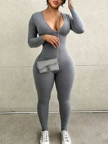 INAWLY Solva Jumpsuit Wanita Warna Polos untuk Pakaian Sehari-hari Kasual - Grey - View 1