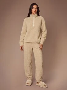 Lazeform Winter Ins Sweet Solid Color Loose Thermal Lined Loungewear Set - Khaki - View 6