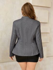 Roveilla Plus Size Woven High Neck Deep V-Neck Long Sleeve British Style Elegant Casual Slim Waist Ruched A-Line Commuter Jacket Office Formal Grey Fall - Grey - View 2
