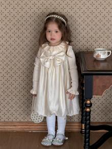 DAZY Infant/Toddler (Girl) Round Neck Bow Korean Style Party Dress - Apricot - View 3