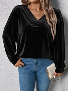 EMERY ROSE بلوزة رياضية فضفاضة كاجوال للنساء بمقاسات كبيرة، رمادية اللون، بياقة على شكل حرف V، بتصميم مضلع عريض، للخريف/الشتاء - الأسود - مشاهدة 3