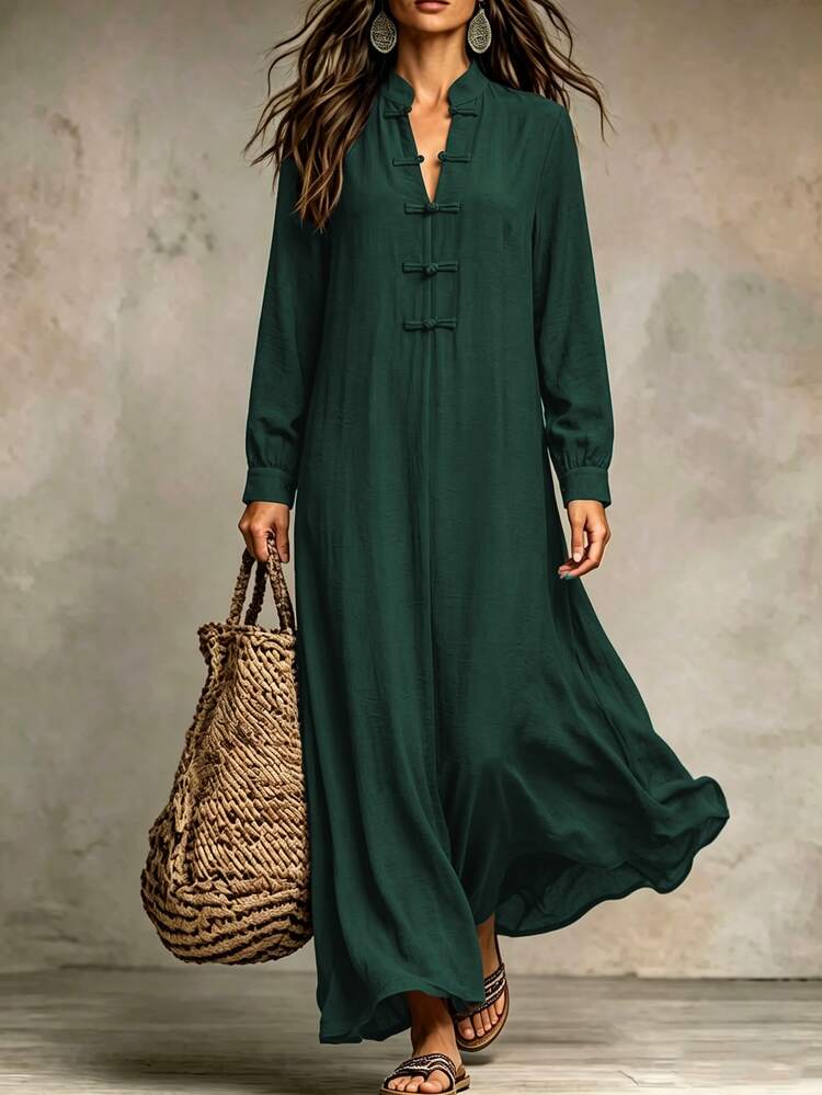 Omancia Women's Solid Color Stand-Up Collar New Chinese Style National Windfall Drop Flared Placket Loose Long Sleeve Modified Cheongsam Robe Coffee Brown Lon - Dark Green - View 1