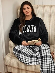 Doze Lane Casual Plush Plaid Print Letter Embroidered Plus Size Long Pajama Set - Black - View 4